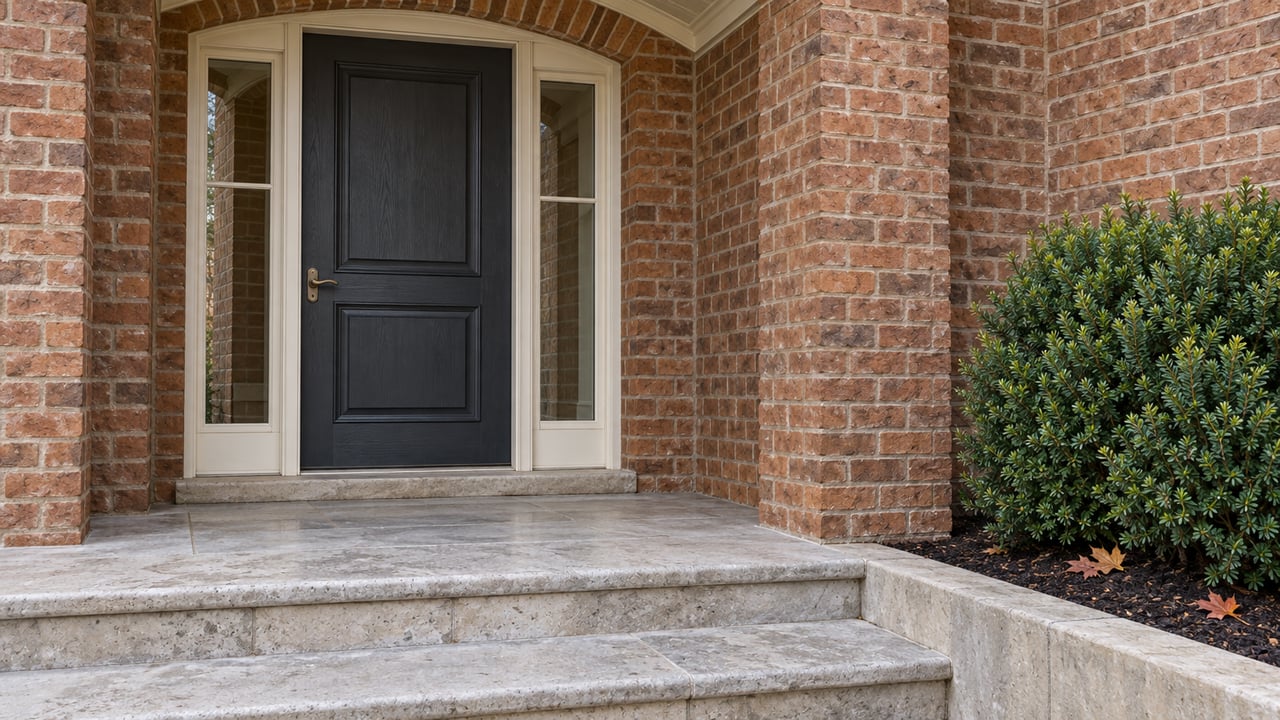 Close view of a charcoal front door with matching sidelights, russet brick arch, limestone steps and a clipped Japanese yew.