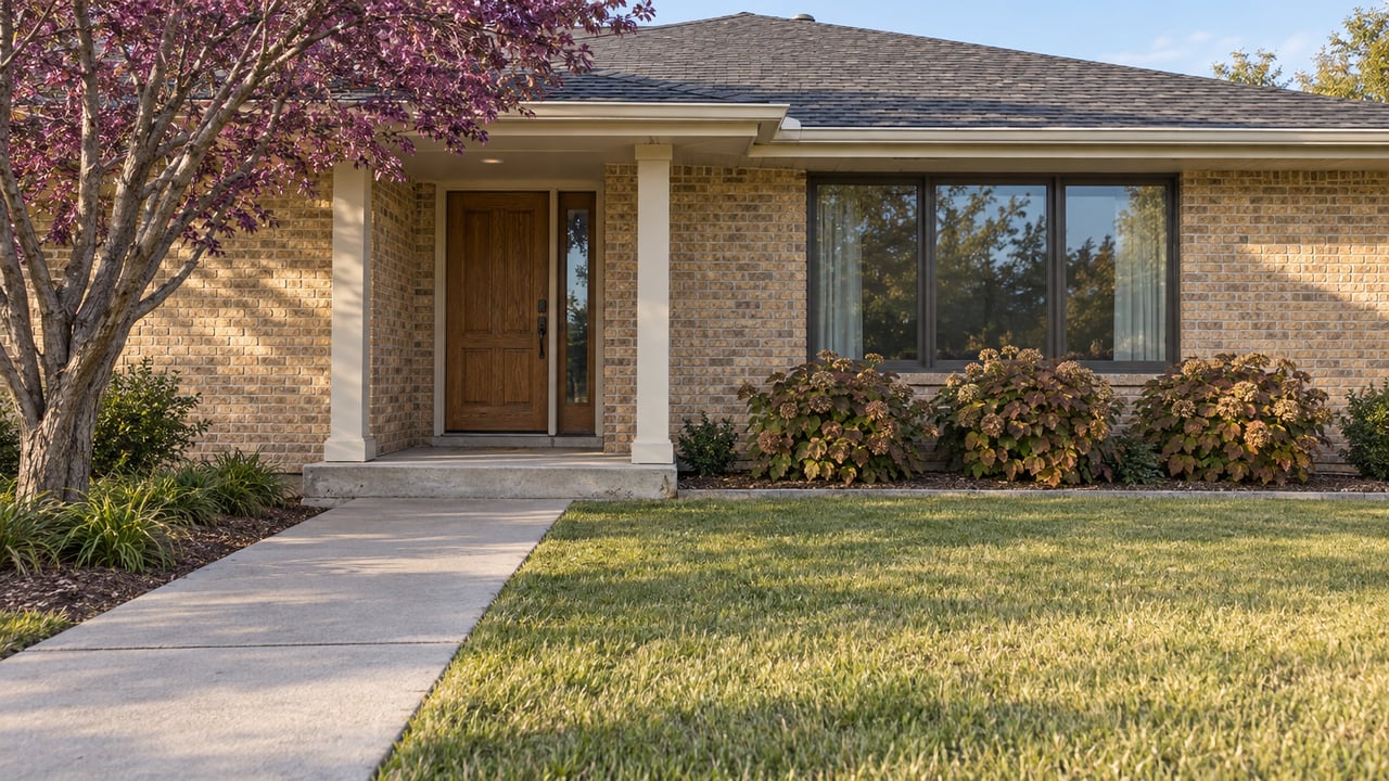 Warm afternoon light on a buff-brick ranch entry, oak front door and deep lawn bordered by autumn oakleaf hydrangeas.