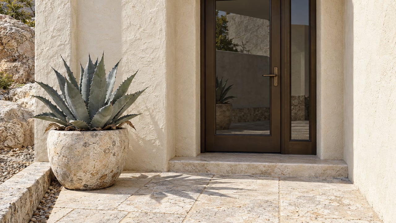 Sunlit ivory stucco entrance with bronze-framed glass door, worn limestone paving and one sculptural agave in a stone vessel.