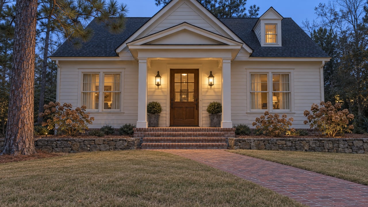 An ivory-sided gabled home at blue hour, with warm entry sconces, a brick walk and a broad dormant lawn.
