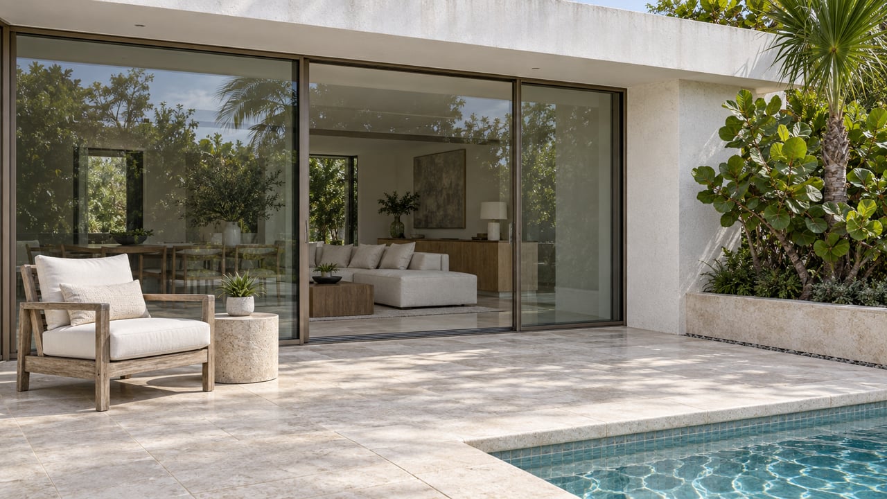 White-stucco home with closed bronze-framed glass doors, a teak terrace chair, limestone pool coping, and sculptural tropical planting.