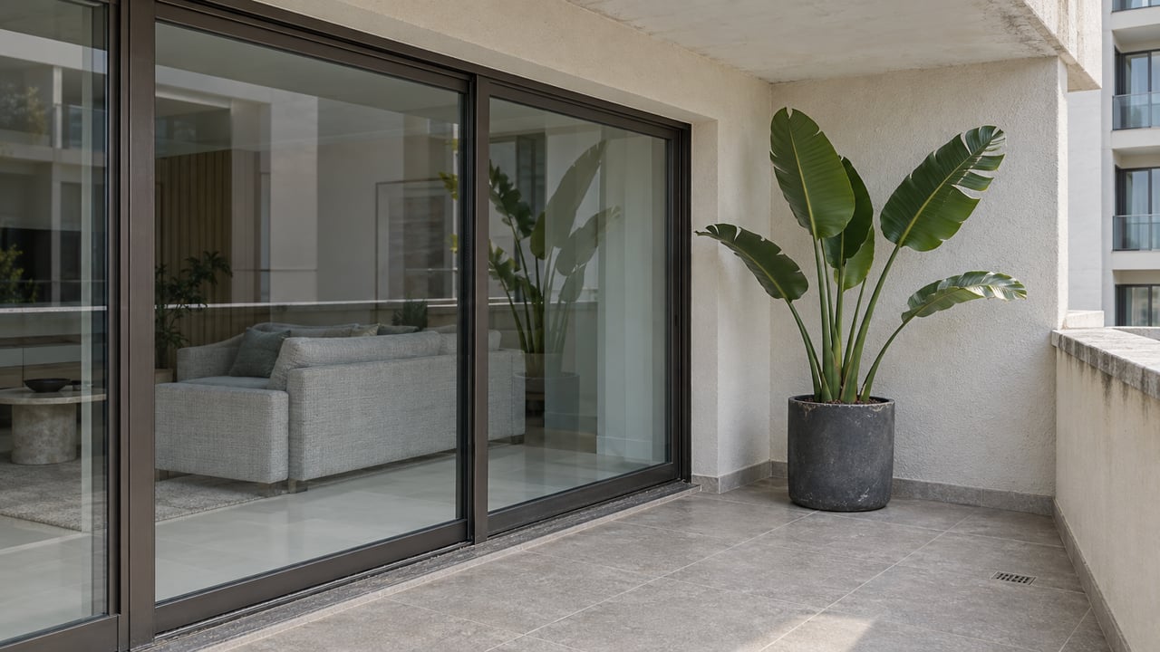 Close view of a covered condominium terrace with bronze-framed glass doors, pale stucco, gray paving and a single bird-of-paradise plant.