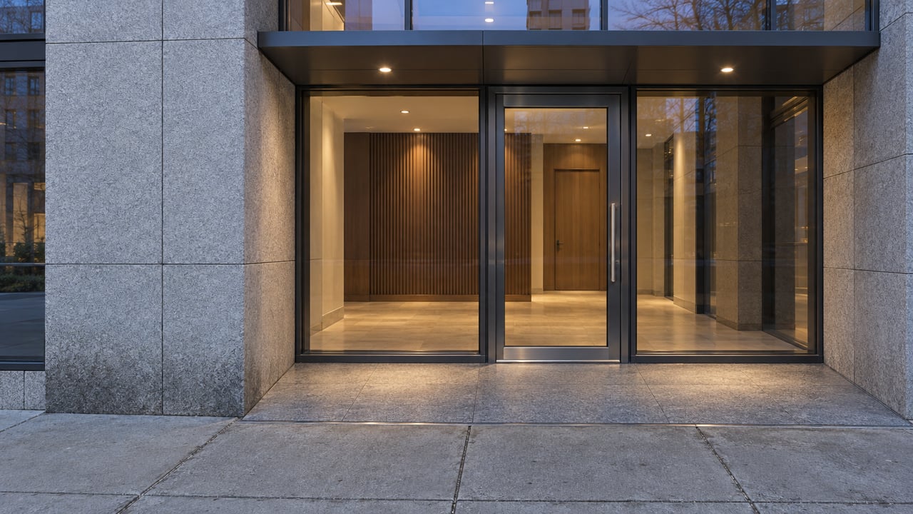 A glass residential entrance beneath a dark metal canopy, with pale granite cladding and warm oak finishes visible inside.