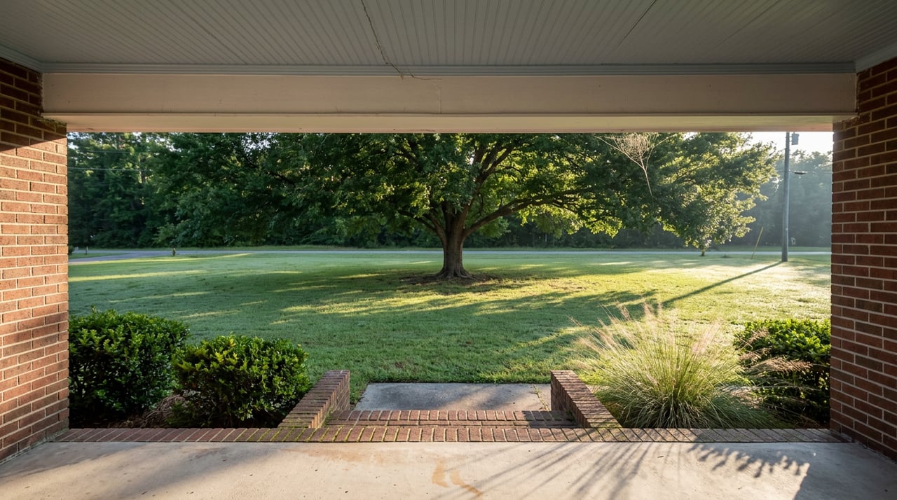 Brick entry frames steps and a mowed lawn centered on a broad shade tree.