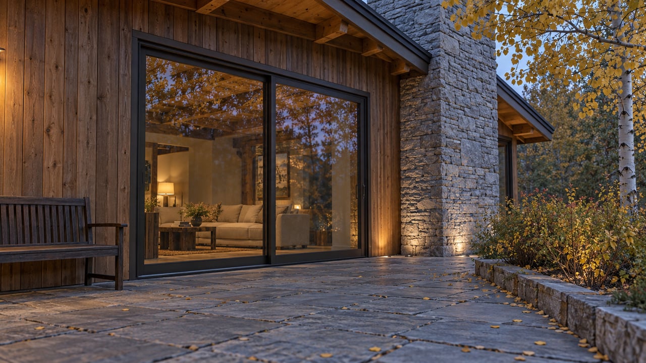 Closed glass doors reveal a dimly lit room beside cedar siding, a limestone chimney, and an aspen tree.