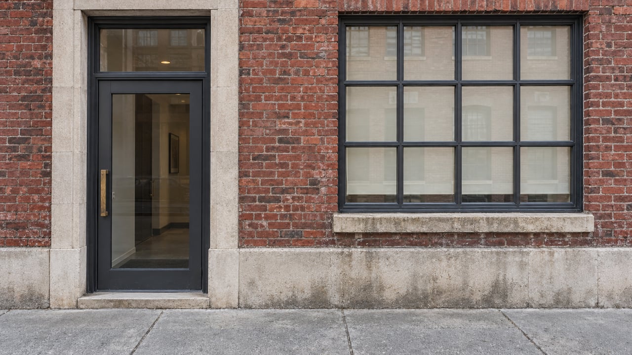 Weathered red-brick residential loft entrance beside a charcoal steel-grid window, with limestone trim and a clear concrete sidewalk.