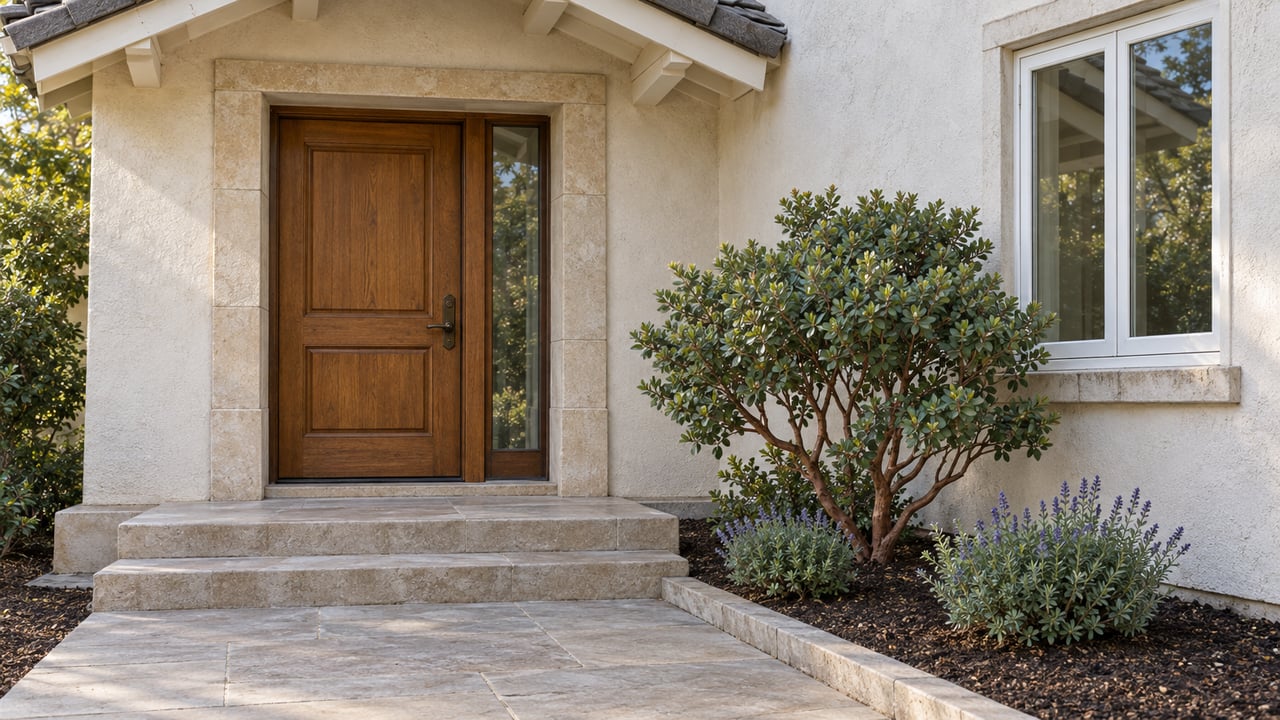 Oak front door in a tan limestone surround, beside a glazed sidelight and stone steps.