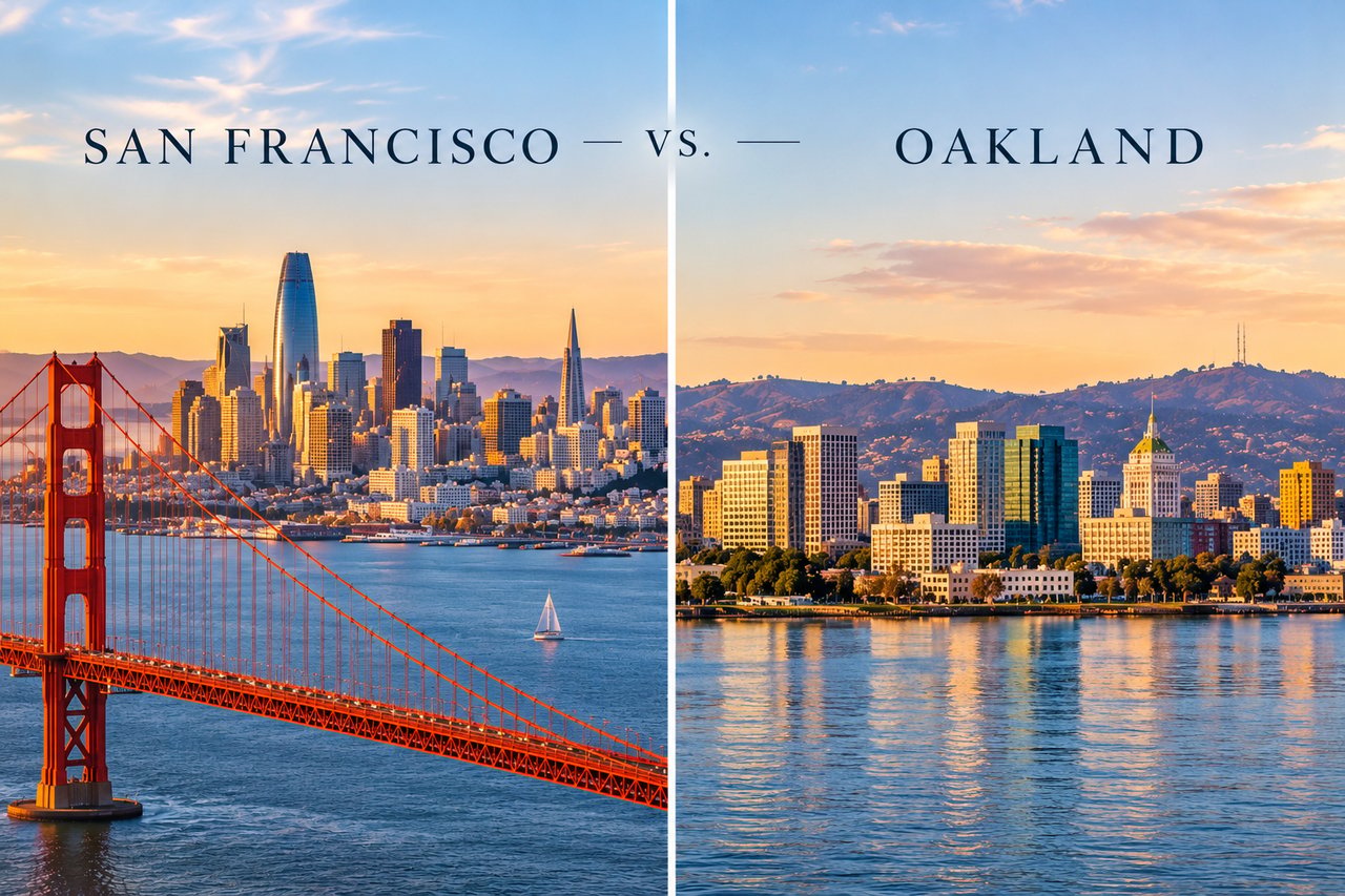 San Francisco and Oakland skylines compared at golden hour, with the Golden Gate Bridge on the San Francisco side.