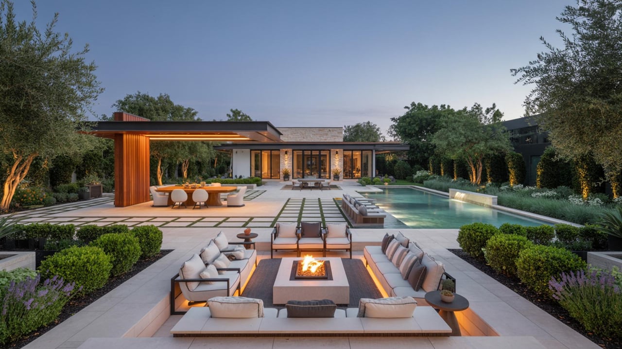 Modern garden pavilion with a long reflecting pool, sunken fire pit seating, and symmetrical paths.