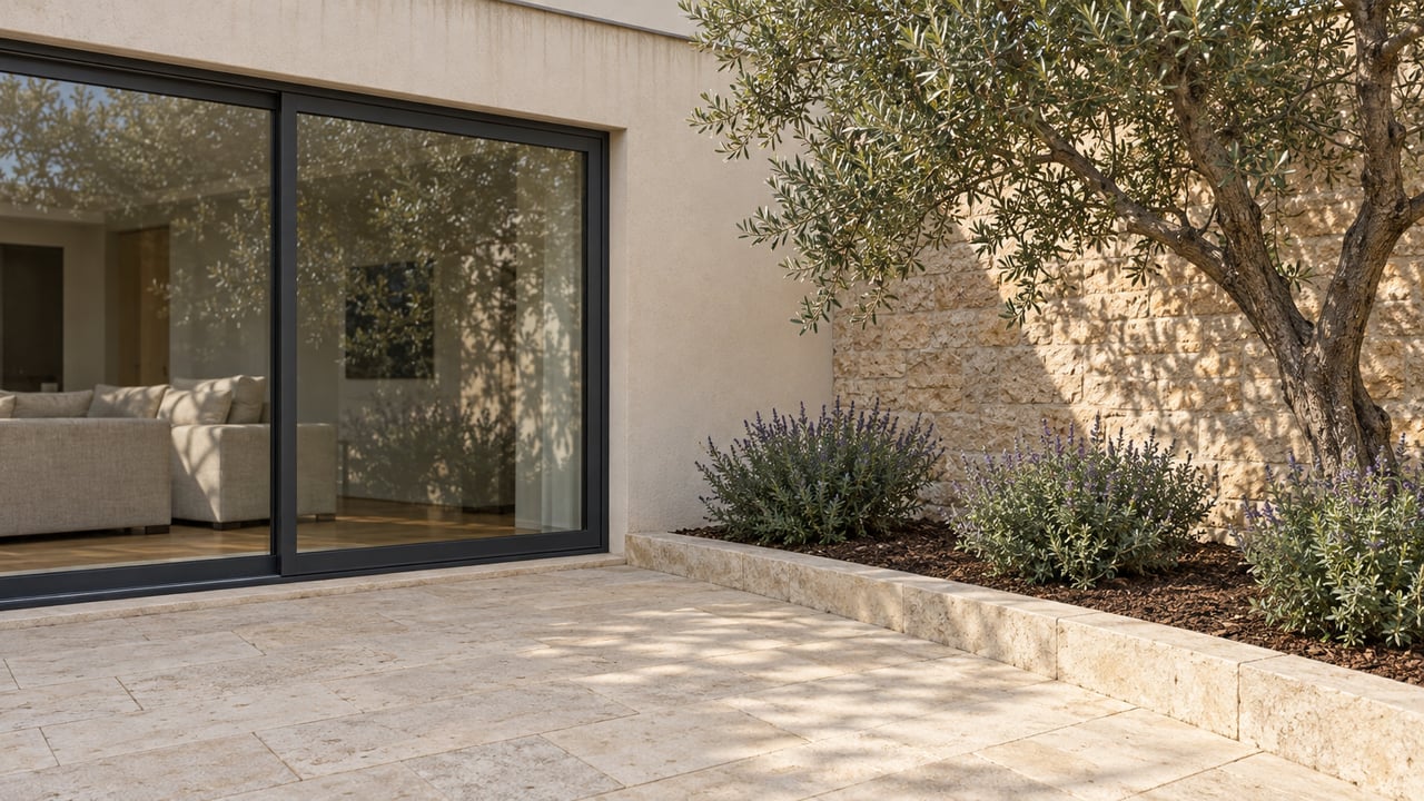 Cream stucco and honey-colored stone frame a closed glazed doorway beside an olive tree and limestone courtyard paving.
