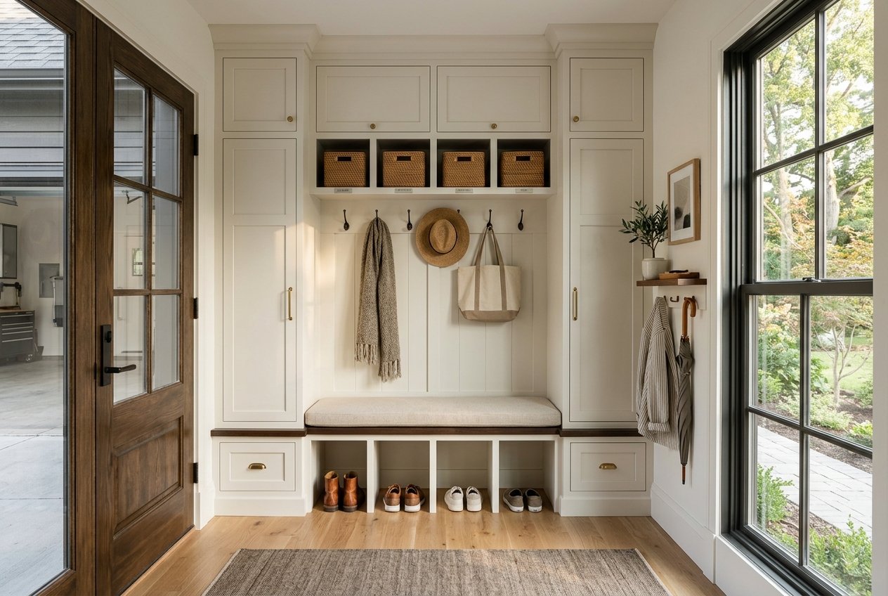Warm-white built-in mudroom with an oak bench, upper cubbies, seagrass basket, and garden visible through the window.