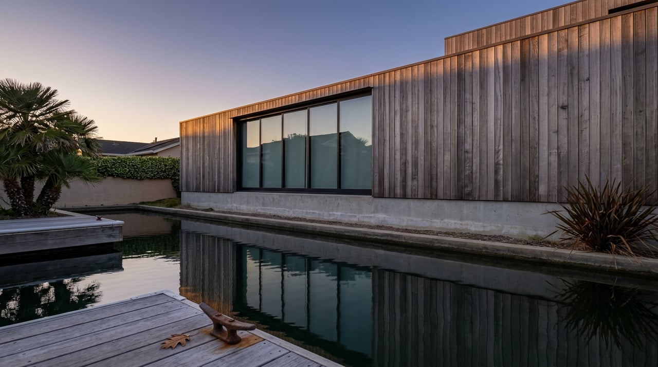 Modern cedar-clad waterfront house with broad glass doors reflected in a rippled canal at dusk.