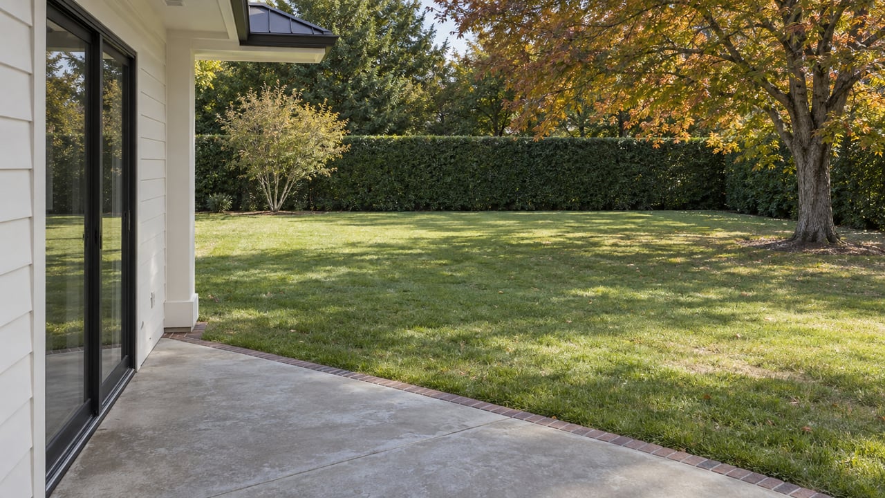 Deep lawn stretches from a concrete patio beside a sliding glass door to a clipped hedge and russet-gold tree.