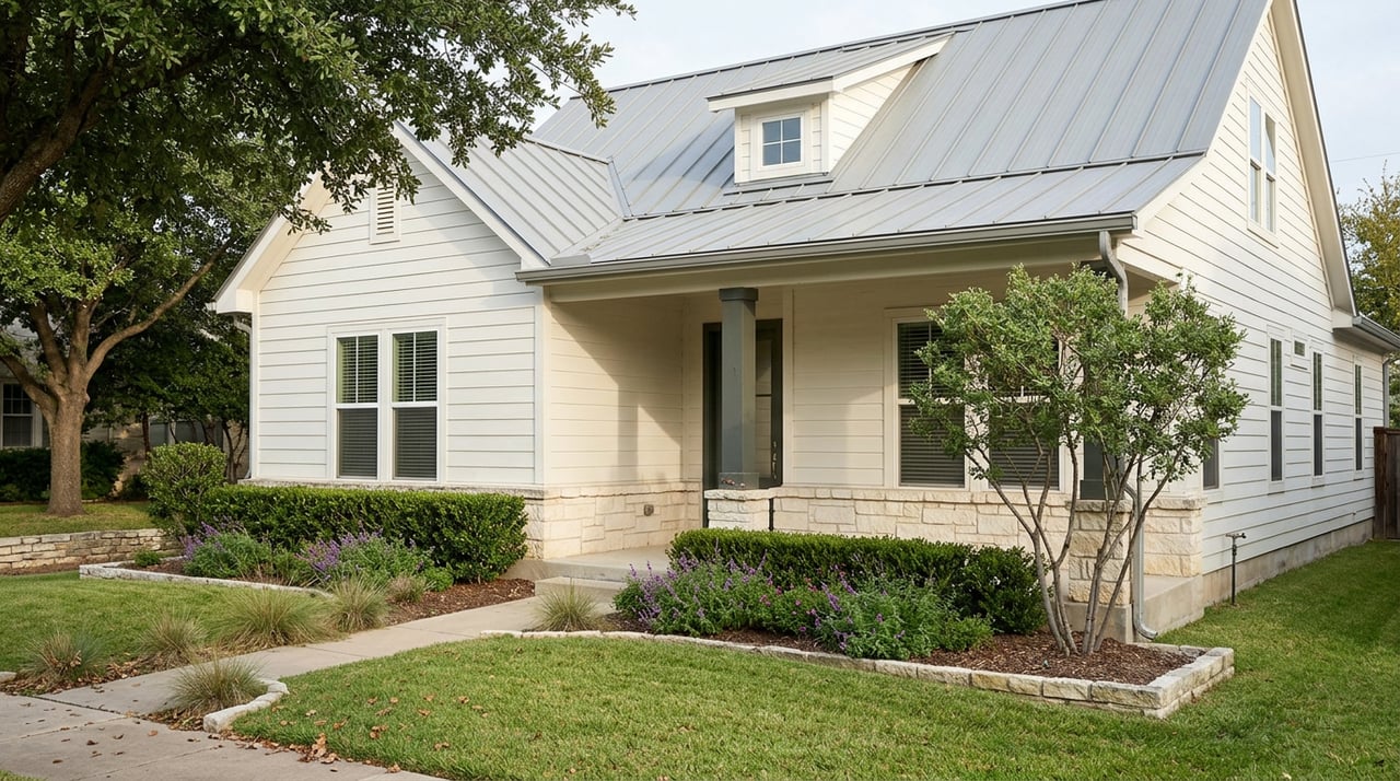Warm-white house with a metal roof, stone porch base, and leafy front yard.