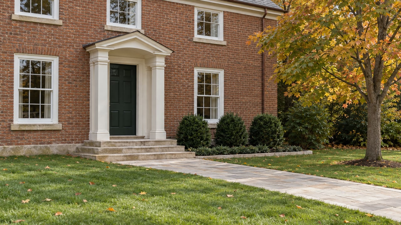 Red-brown brick home with white sash windows, a recessed green door, limestone steps and a deep lawn beneath an autumn sugar maple.