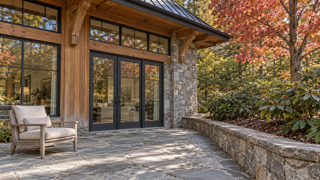 Autumn light on a cedar-and-stone home terrace with large glazed doors, a teak lounge chair and red maple foliage.