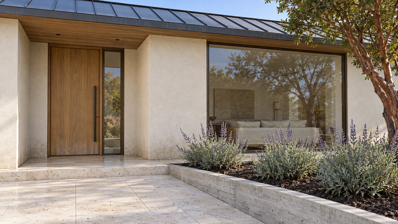 Oak entrance door and bronze-framed window beneath a shallow roof, beside a limestone terrace and raised sage planting.