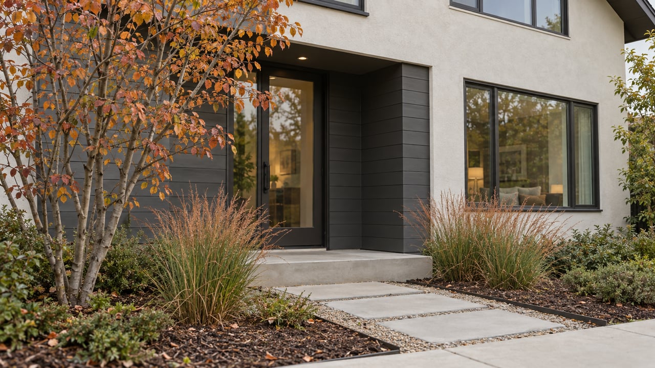 Compact home entry with charcoal siding, concrete steps, a russet-leaved tree, and grasses beside the walk.