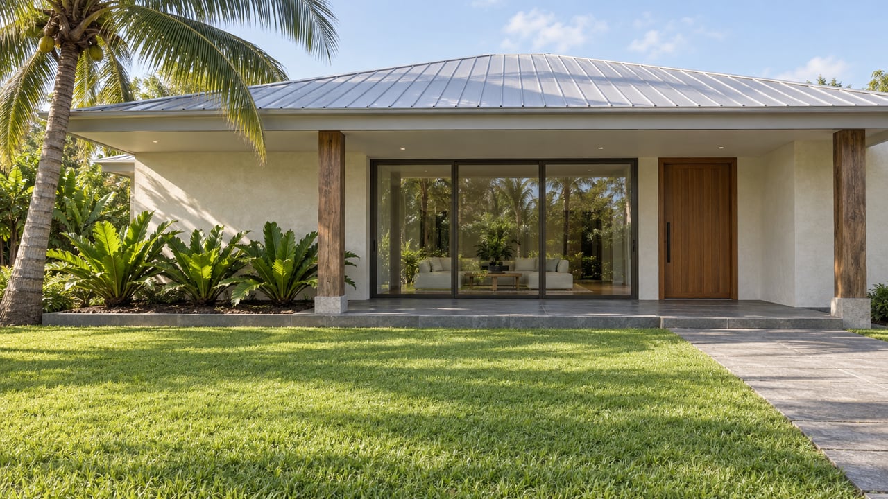 A sunlit contemporary home with a silver roof, shaded veranda, broad lawn, and one curved coconut palm.
