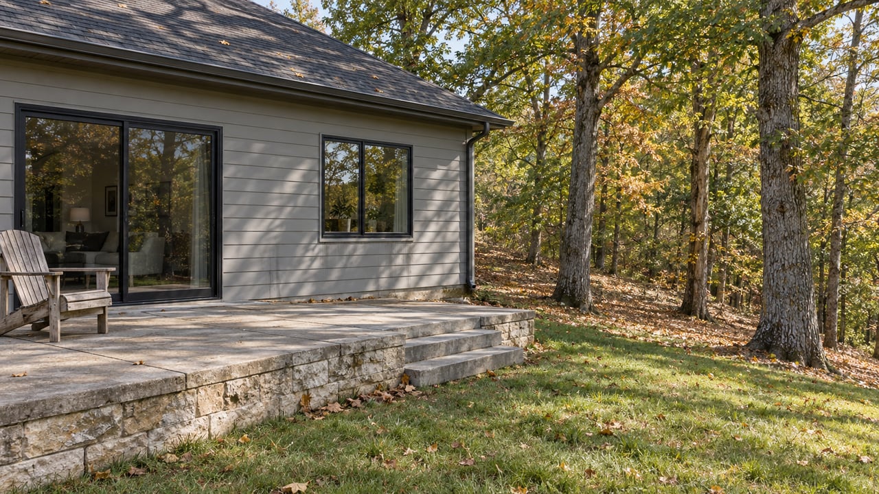 Gray single-story home with a concrete terrace, cedar chair, and gently sloping lawn beneath oak and hickory trees.