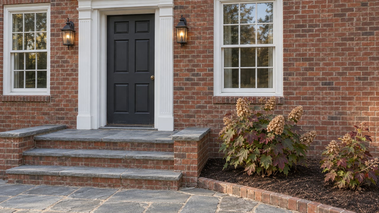 Red-brick home entry with white trim, a charcoal door, bluestone steps and oakleaf hydrangeas in autumn foliage.