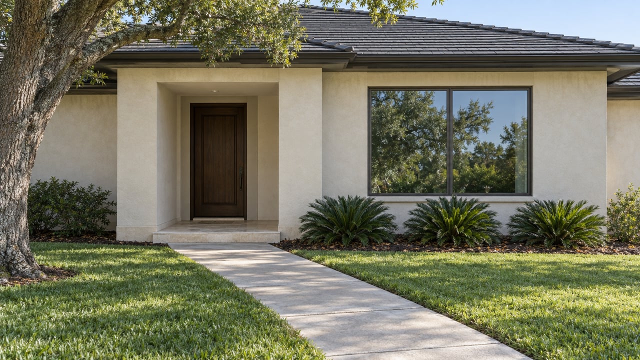 Ivory stucco house entry with a dark oak door, bronze-framed window, lawn, and diagonal concrete walk.