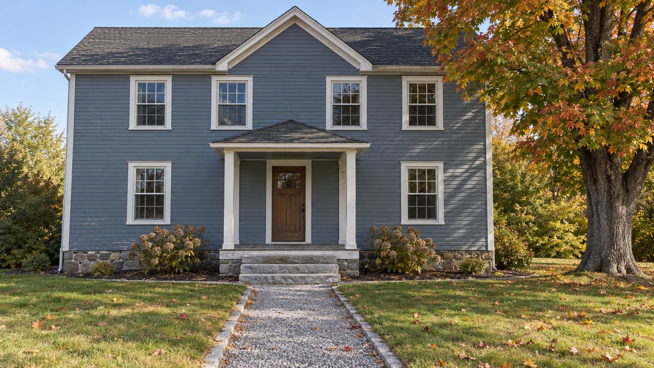 Slate-blue clapboard house with granite porch steps, a gravel approach, a deep lawn and an autumn sugar maple.
