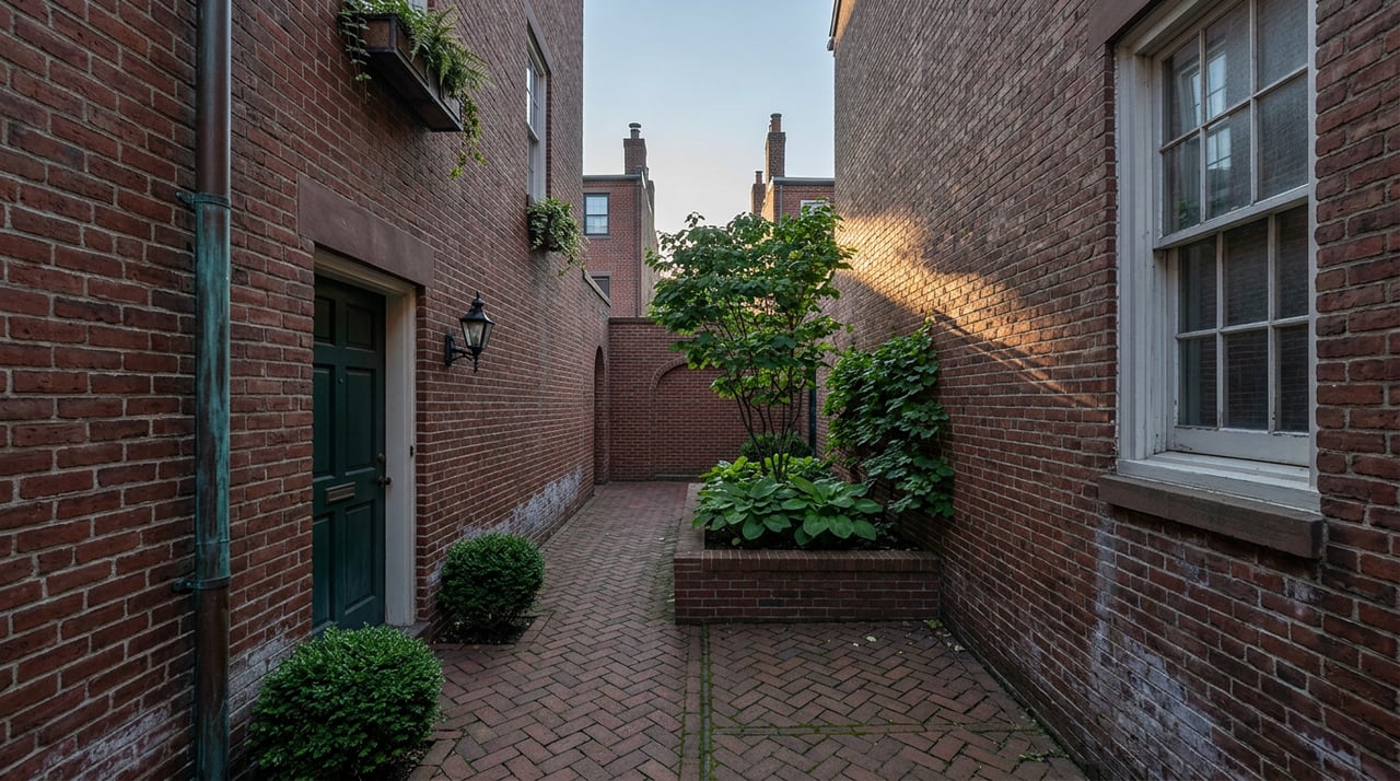 Brick passage between rowhouses with a green door, central dogwood bed, and herringbone paving.