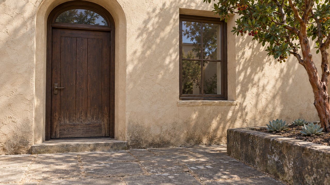 Sand-colored stucco courtyard entry with a weathered oak door, arched transom, stone paving and a strawberry tree in a raised stone bed.