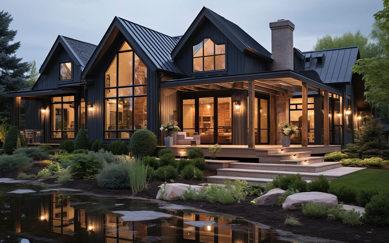 Modern dark-sided home with metal gabled roofs, illuminated windows, and a landscaped pond.