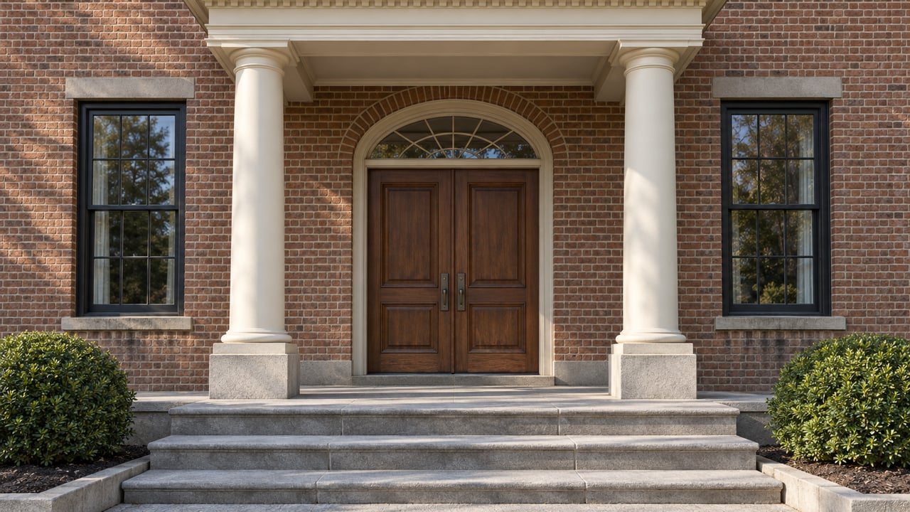 Brick home entrance with ivory columns, walnut double doors, limestone steps and two clipped boxwoods in morning light.