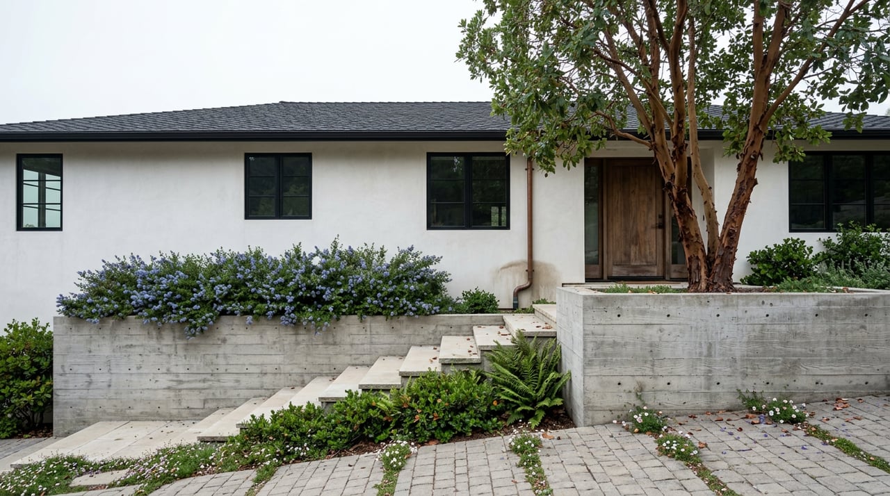 Hillside home with stucco facade, limestone steps, concrete terraces, and blue-blooming ceanothus.