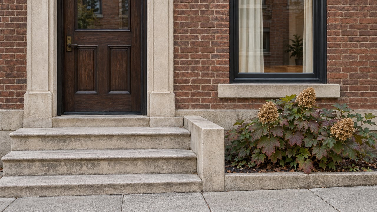 Russet brick residential entrance with a dark oak door, pale limestone steps and an oakleaf hydrangea beside the sidewalk.