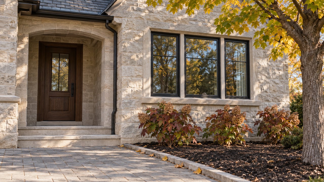 Pale limestone home entrance and black-framed window beside autumn maple foliage and oakleaf hydrangeas.