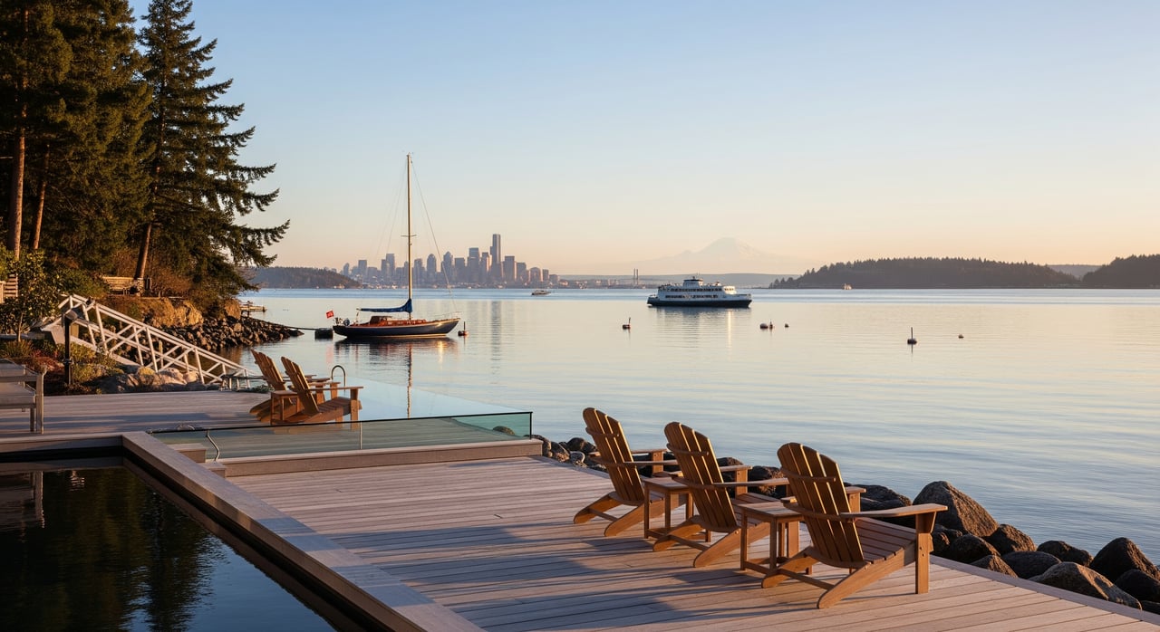 Serene dock on Bainbridge Island looking at ferry and Seattle