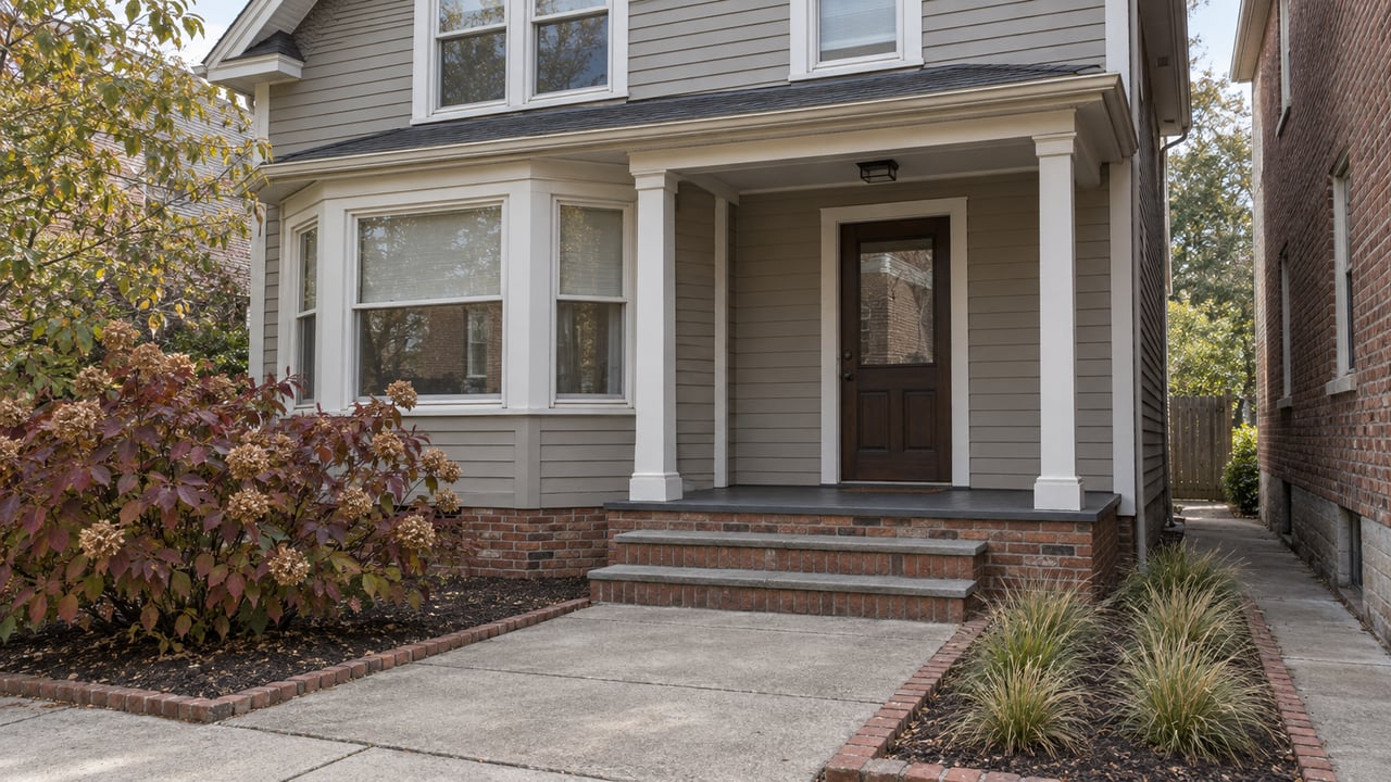 Gray clapboard house with a covered brick-supported porch, autumn oakleaf hydrangea and a short concrete front approach.