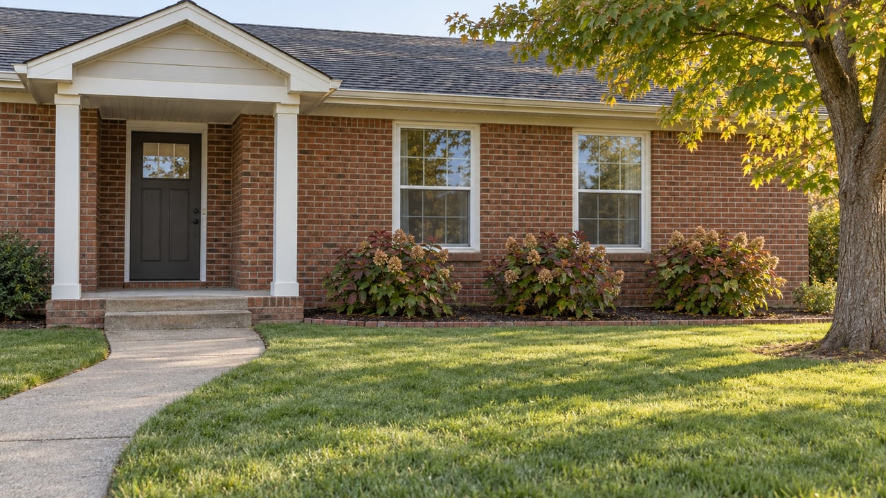 Brick ranch home with a sheltered front entry, broad lawn, and an autumn maple in soft morning sunlight.