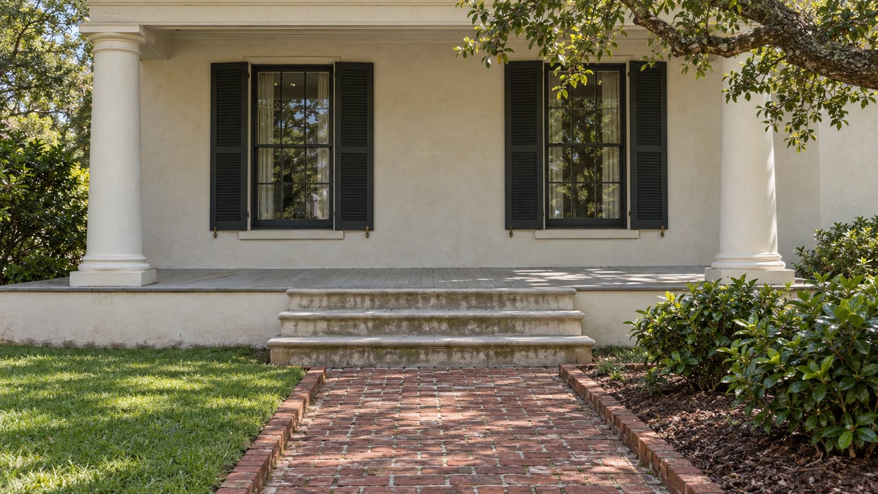 House with a columned porch, black shutters, and a brick walkway leading to the front steps.
