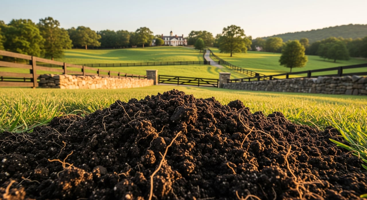 Freshly turned dark soil fills the foreground of a fenced green pasture, with a white house on the distant hill.