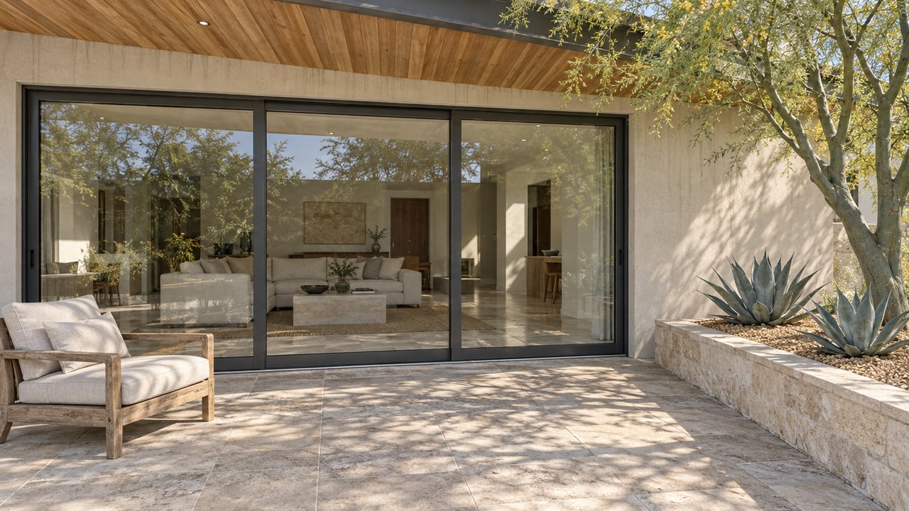 Sunlit limestone terrace beside a glass-enclosed living room, with a teak chair and a raised planter containing a blue palo verde and two agaves.