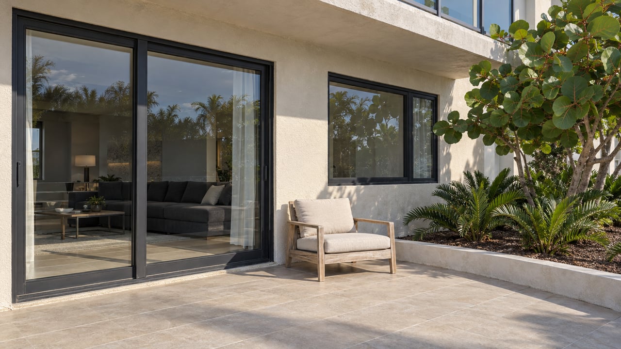 Cream stucco condominium terrace with closed dark-framed glass doors, a weathered teak chair and a sea grape tree in a raised-edge planting bed.