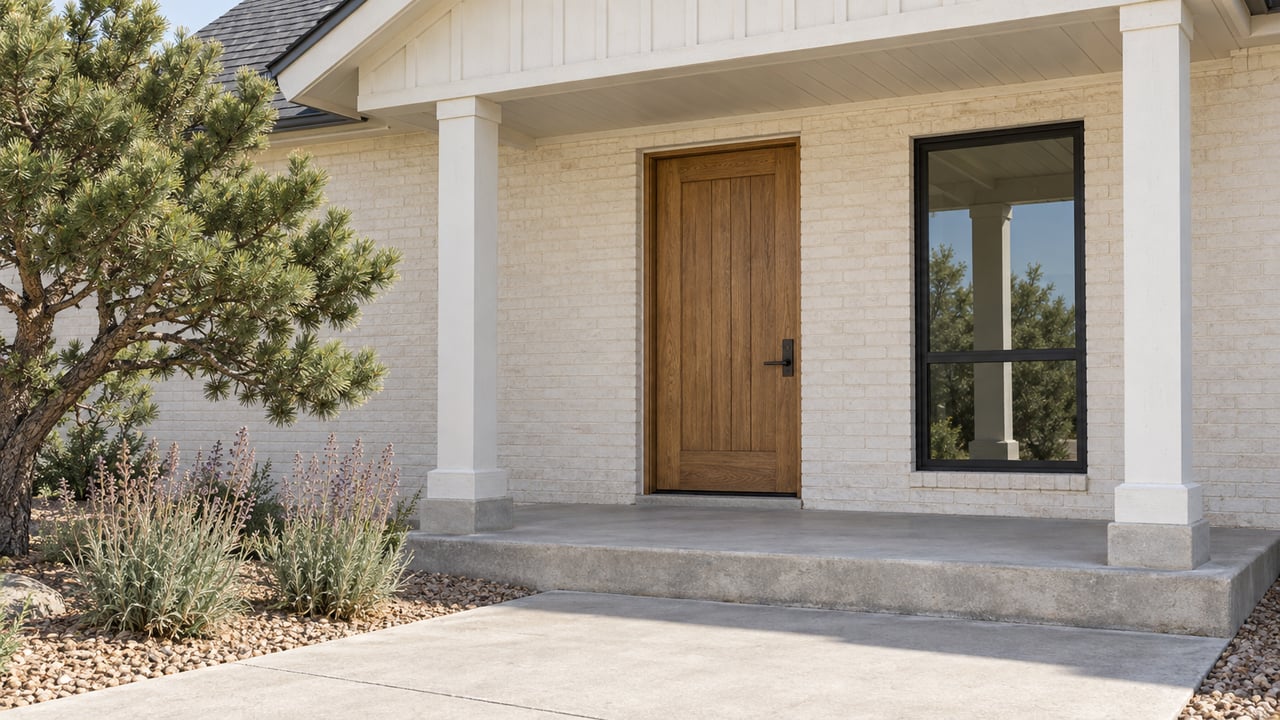 Cream brick home entry with an oak door, covered gabled porch, concrete step and sculptural pinyon pine beside a gravel planting bed.