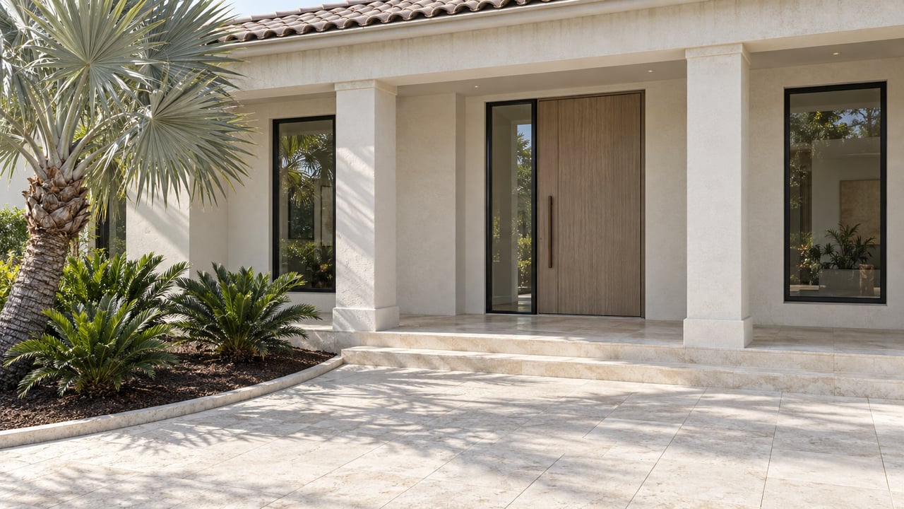 White stucco home entrance with square columns, an oak and glass door, limestone steps, and a silver palm beside the approach.
