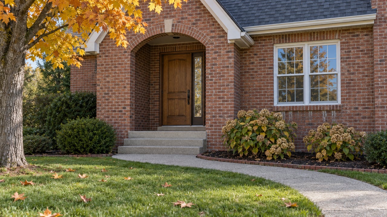 Autumn sunlight on a brick home's arched entry and multi-pane window, with a curved concrete walk, maple leaves and dried hydrangea flowers.
