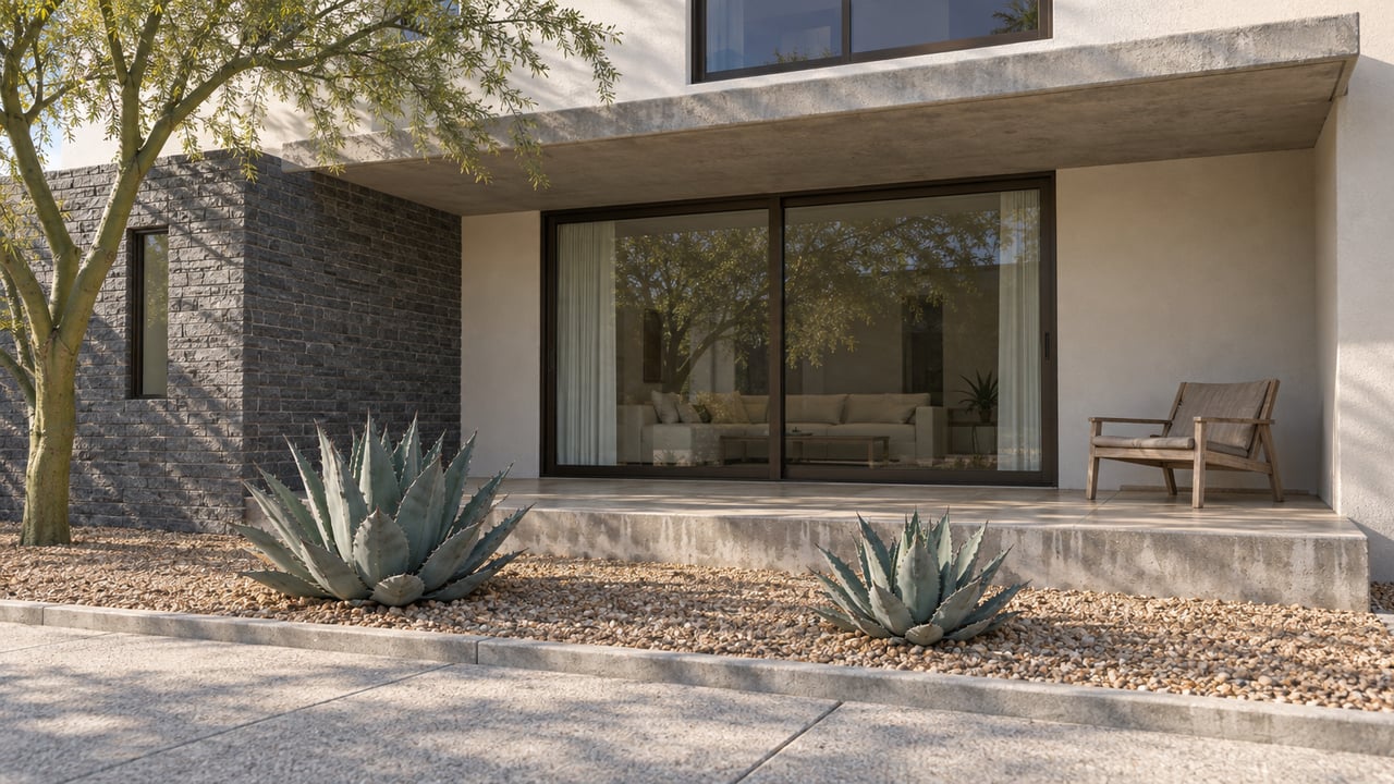 Contemporary condominium terrace with bronze-framed glass, pale stucco, charcoal masonry, and sculptural agaves beside a concrete courtyard walk.