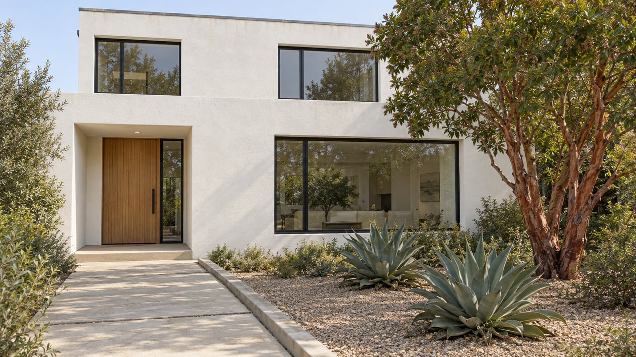 White stucco home with black-framed windows, a recessed oak entry and a concrete garden walk beside a sculptural strawberry tree and three agaves.