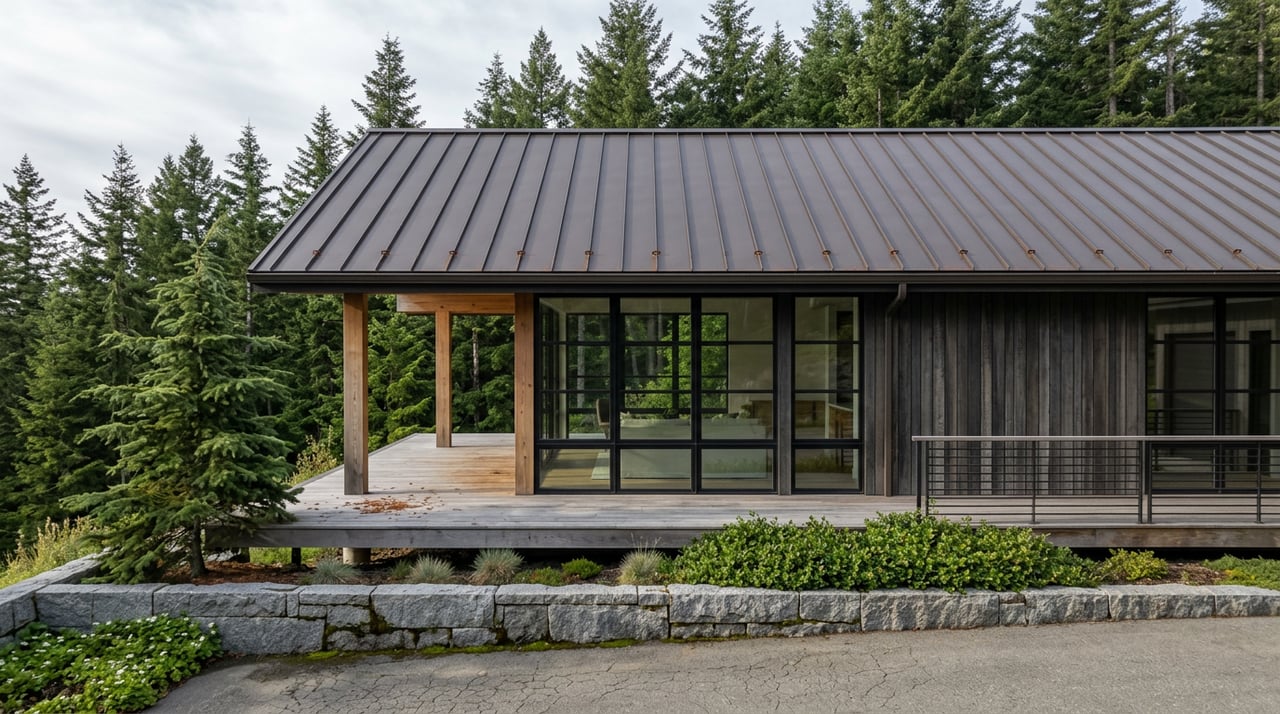 Modern mountain home with a cantilevered timber deck, granite retaining wall, and conifers rising behind the roof.