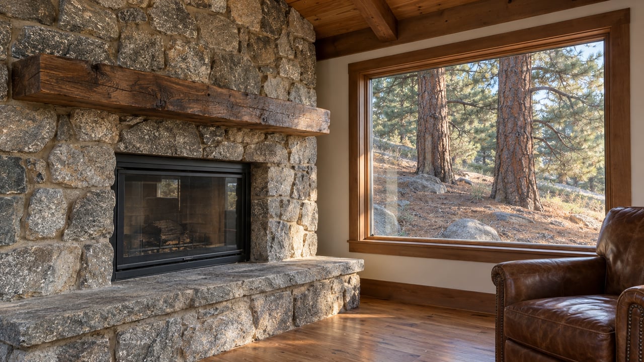 Granite fireplace and worn timber mantel beside a closed wood-framed window overlooking two pine trees, with a leather reading chair at the edge of the frame.