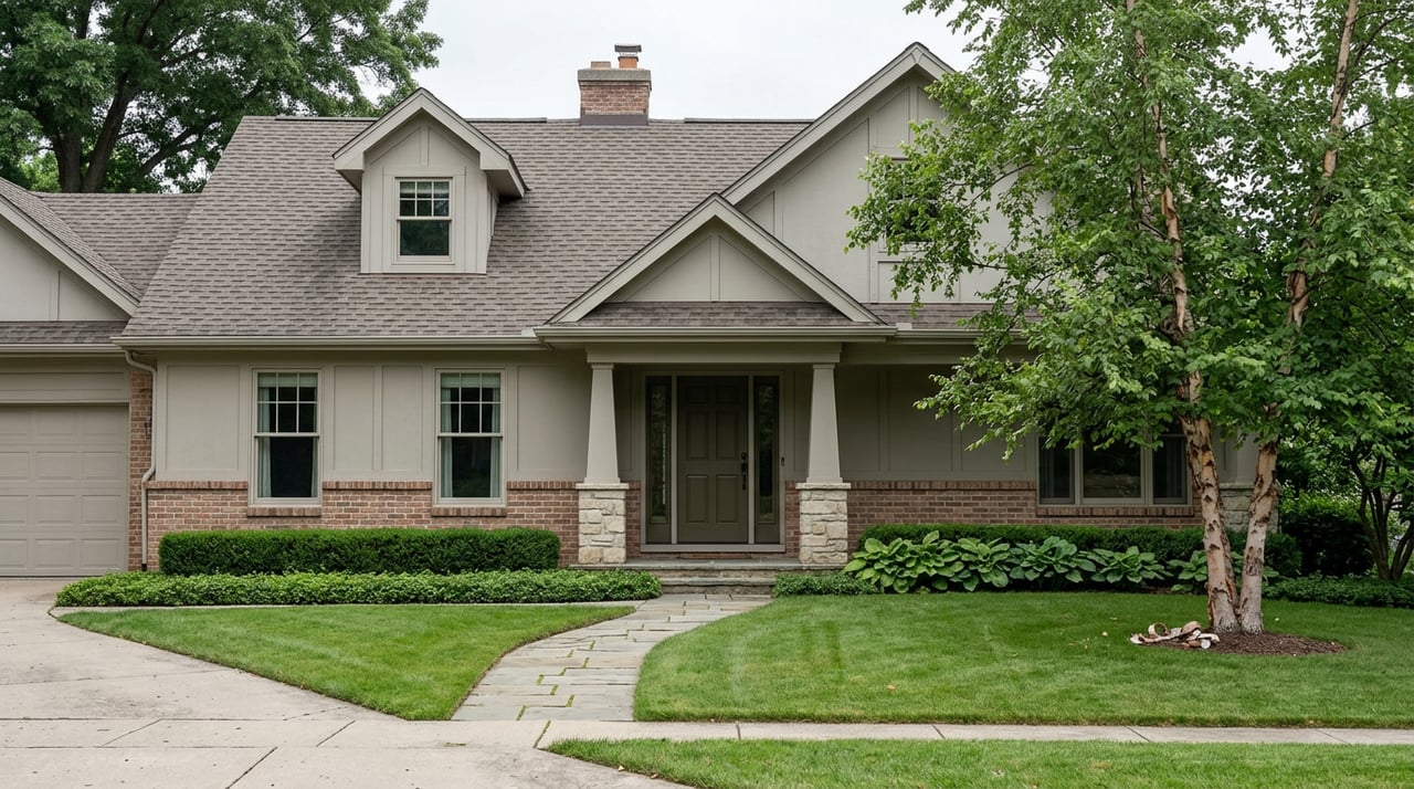Detached brick-and-siding home with a stone-columned porch, curved flagstone walk, broad lawn, and river birch.