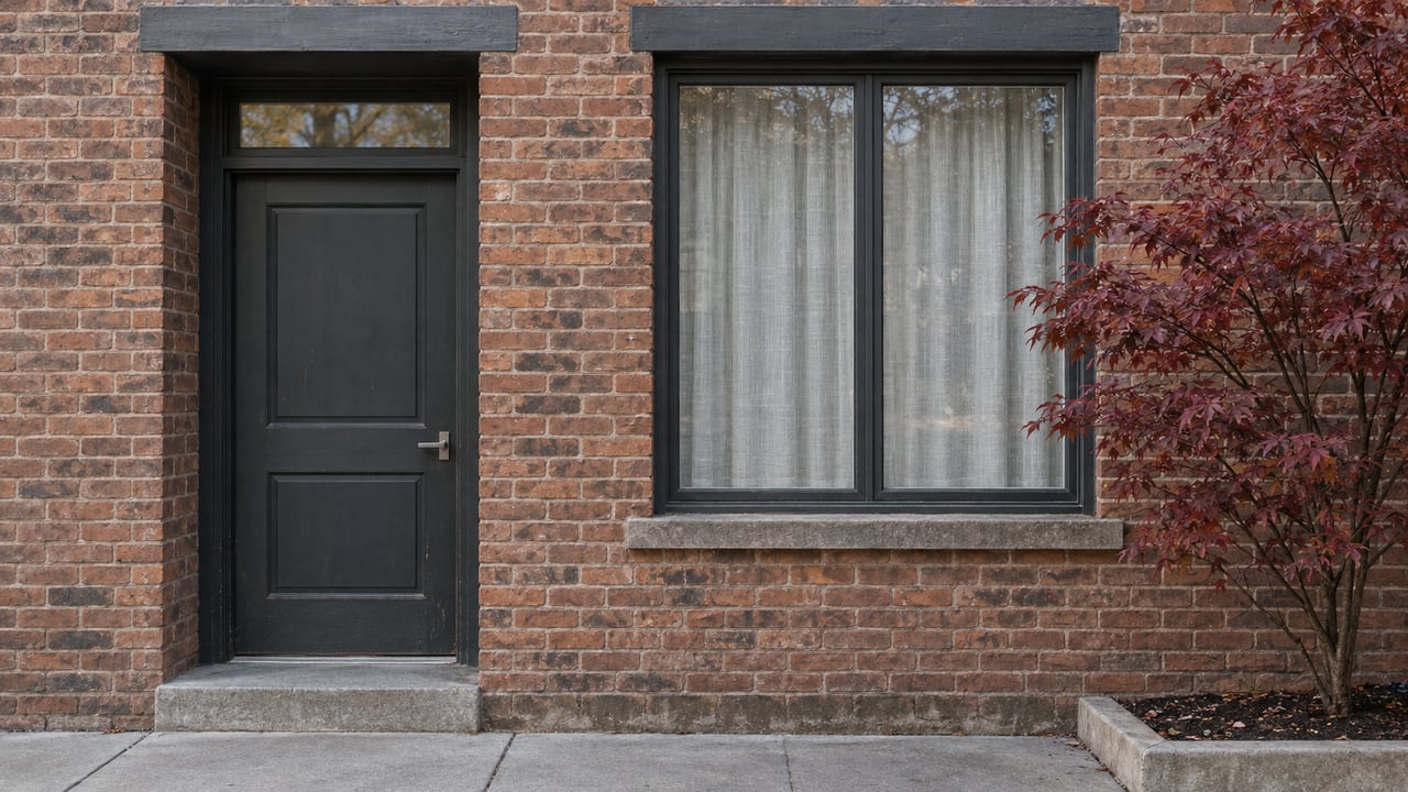 Weathered brick residential entrance with a charcoal timber door, curtained window and a burgundy Japanese maple beside the sidewalk.